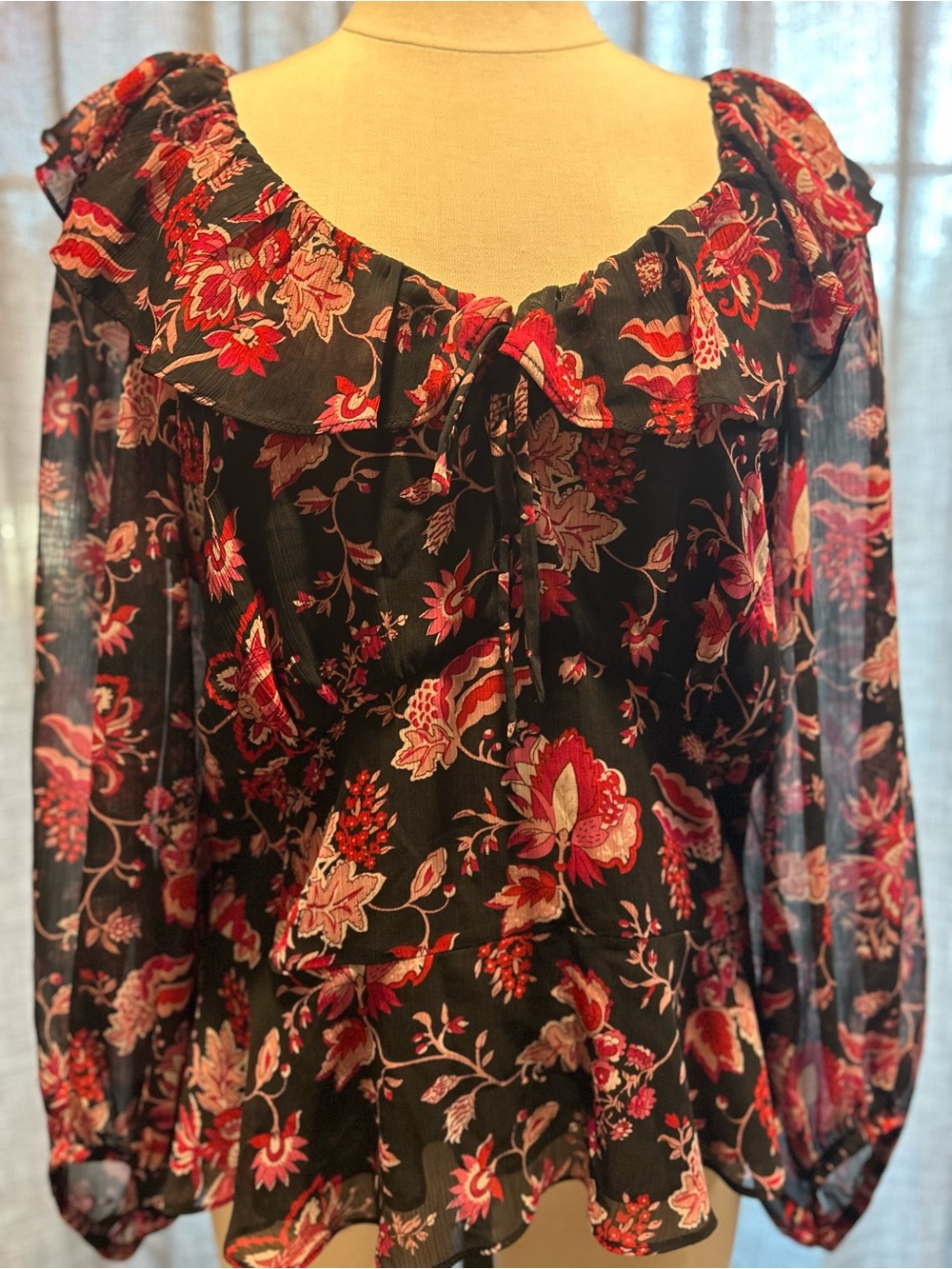 Jessica Simpson Black Sheer Floral Ruffle Blouse with Red and Pink Accents